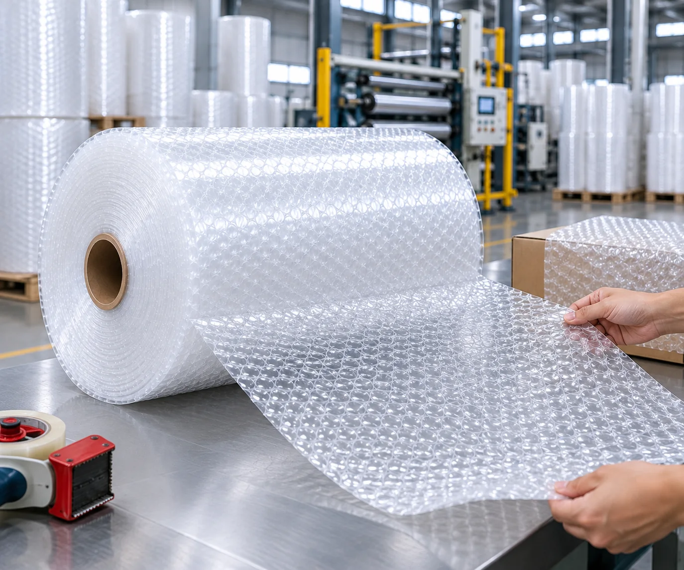 Cuộn màng xốp hơi được trải ra để bọc hàng hóa