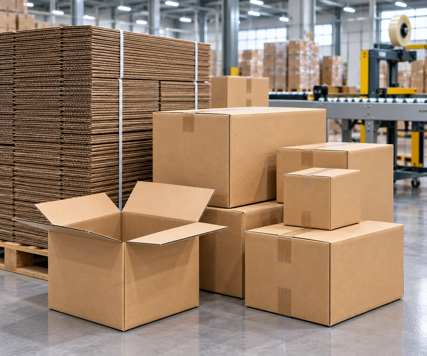 Tấm bìa carton được xếp cạnh các thùng carton